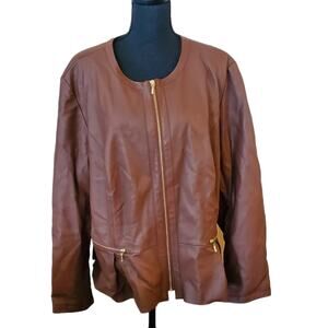 INC International Concepts Size 3X Brown Faux Leather Jacket Peplum Flair Casual